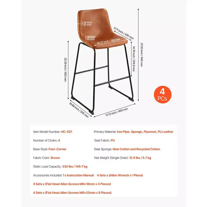 VEVOR Set di 4 Sgabelli da Bar, Sgabelli da Bancone Alti 66 cm, Sgabello da Bar Moderno in Pelle PU con Schienale, Gambe in Metallo, Facile Montaggio, Marrone