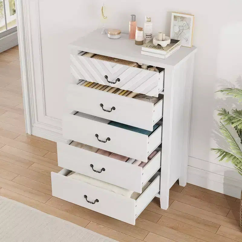 Comò a 5 cassetti stile rustico per camera da letto, Comò alto in legno, Cassettiera verticale con contenitore autoportante per soggiorno