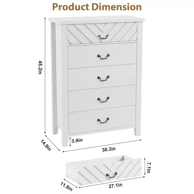 Comò a 5 cassetti stile rustico per camera da letto, Comò alto in legno, Cassettiera verticale con contenitore autoportante per soggiorno