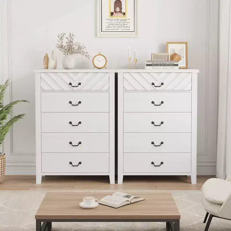 Comò a 5 cassetti stile rustico per camera da letto, Comò alto in legno, Cassettiera verticale con contenitore autoportante per soggiorno