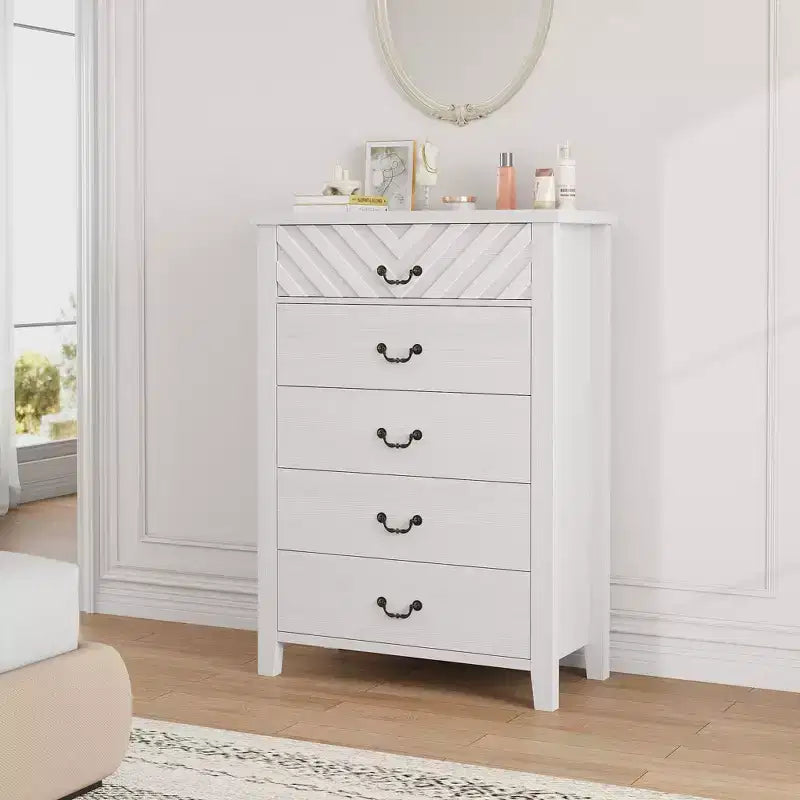 Comò a 5 cassetti stile rustico per camera da letto, Comò alto in legno, Cassettiera verticale con contenitore autoportante per soggiorno