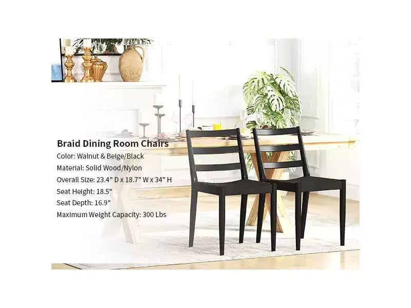 Sedie da Pranzo Bestier con Schienale Curvo in Legno, Seduta in Corda Intrecciata e Gambe Coniche in Legno Massello, set da 2