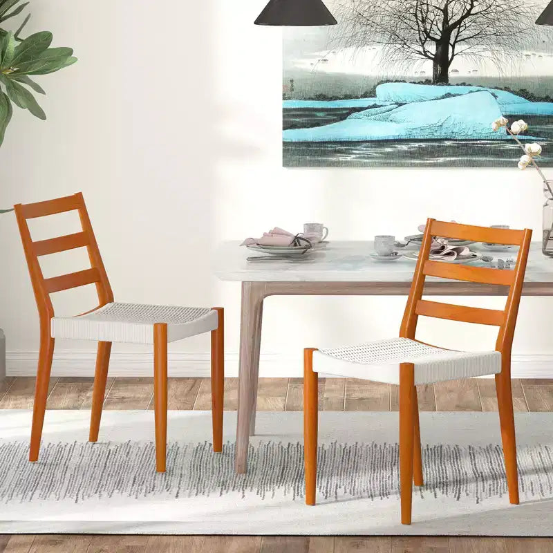 Sedie da Pranzo Bestier con Schienale Curvo in Legno, Seduta in Corda Intrecciata e Gambe Coniche in Legno Massello, set da 2