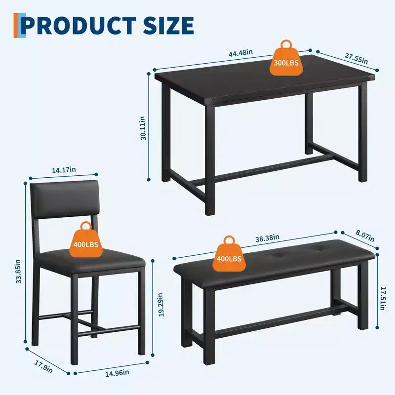 Set da pranzo moderno 5 pezzi per 4 persone - Panchina imbottita e 2 sedie imbottite - Tavolo da cucina rettangolare 44,5 pollici, compatto, ideale per appartamenti e monolocali