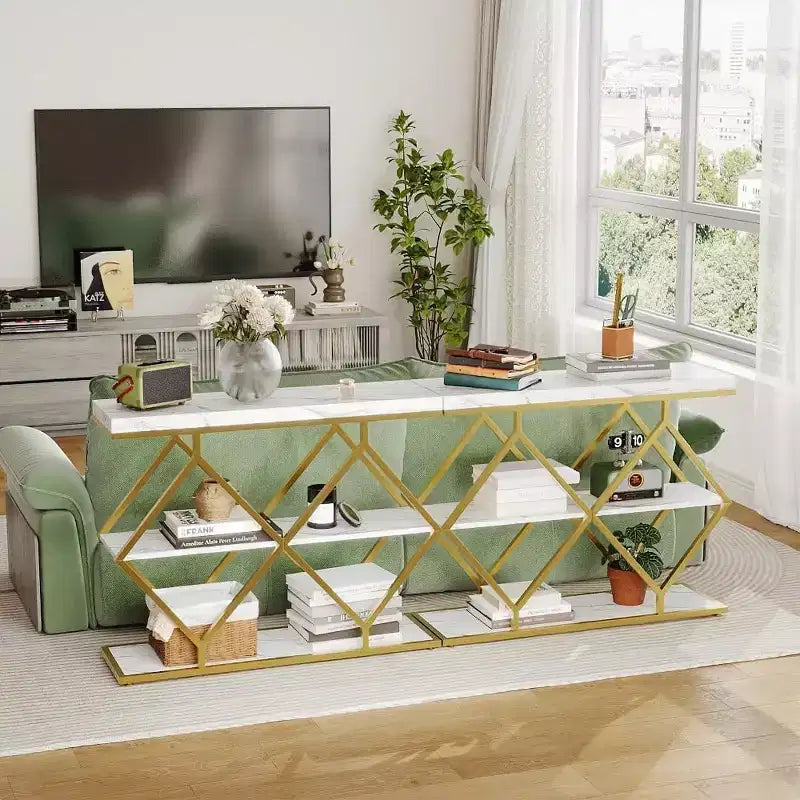 COZONY Consolle da Ingresso Stretta 39 con 3 Ripiani Aperti, Tavolo da Divano Industriale con Struttura in Metallo a Diamante per Corridoio e Ingresso