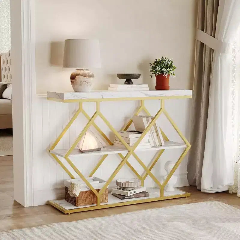 COZONY Consolle da Ingresso Stretta 39 con 3 Ripiani Aperti, Tavolo da Divano Industriale con Struttura in Metallo a Diamante per Corridoio e Ingresso