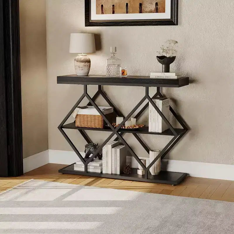 COZONY 39 Narrow Entryway Console Table with 3-Tier Open Storage, Industrial Sofa Table with Diamond Metal Frame for Hallway & Foyer