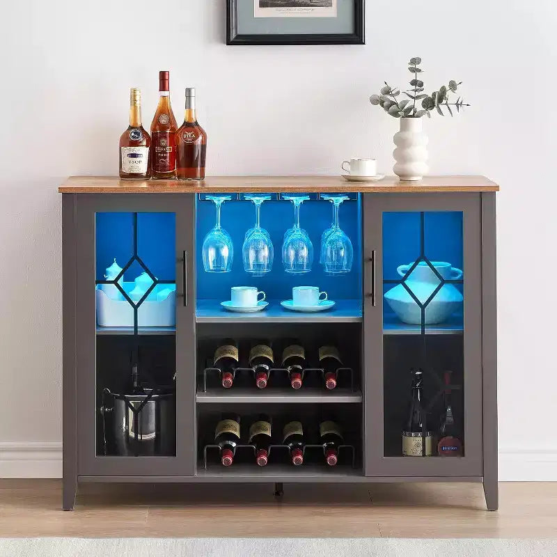 Mobile Bar con Vetrina, Credenza da Bar con Portabottiglie, Tavolo con Contenitore, Madia da Liquore con Ripiani Regolabili per Soggiorno