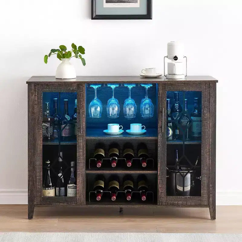 Mobile Bar con Vetrina, Credenza da Bar con Portabottiglie, Tavolo con Contenitore, Madia da Liquore con Ripiani Regolabili per Soggiorno