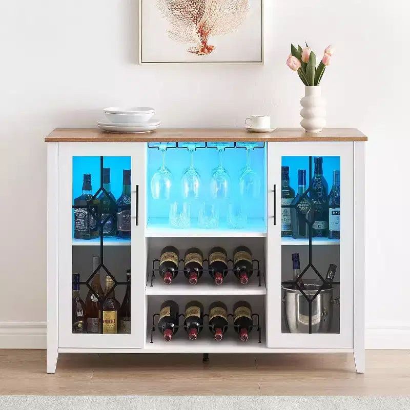 Mobile Bar con Vetrina, Credenza da Bar con Portabottiglie, Tavolo con Contenitore, Madia da Liquore con Ripiani Regolabili per Soggiorno