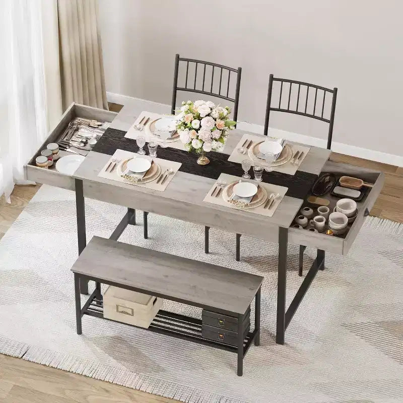 Set da pranzo di 4 pezzi per 4 persone, set da tavolo da cucina rettangolare con 2 sedie e 1 panca, cassetti a doppio lato per sala da pranzo, cucina, cortile