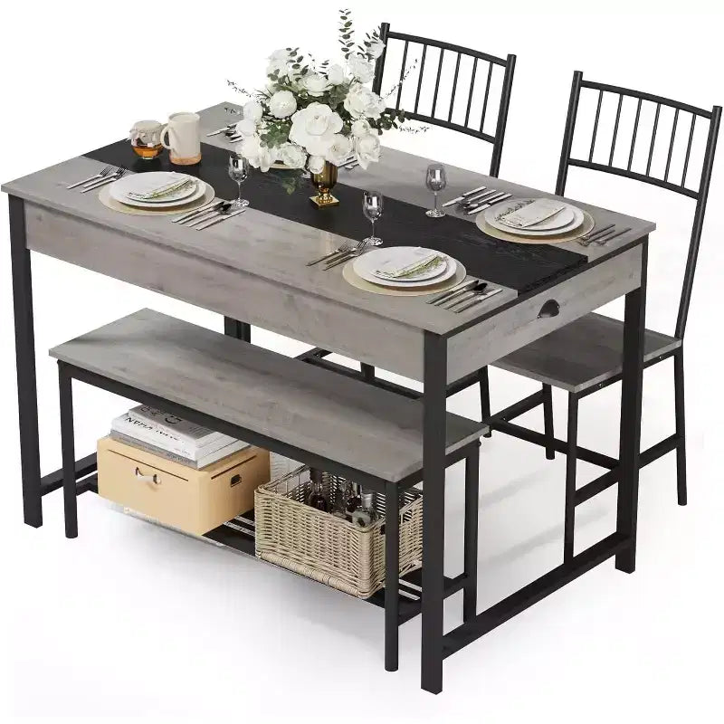 Set da pranzo di 4 pezzi per 4 persone, set da tavolo da cucina rettangolare con 2 sedie e 1 panca, cassetti a doppio lato per sala da pranzo, cucina, cortile