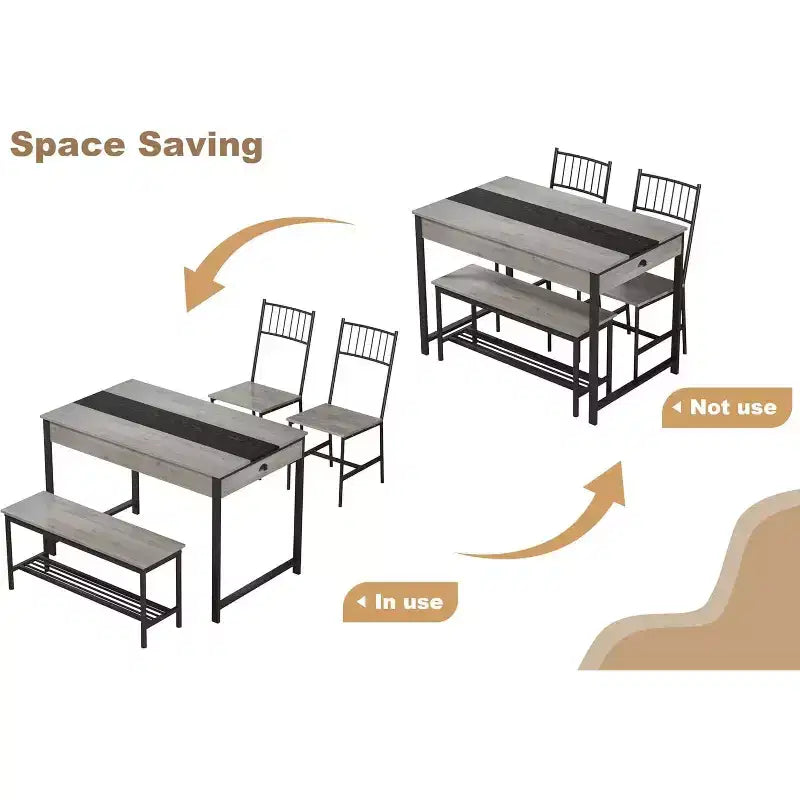 Set da pranzo di 4 pezzi per 4 persone, set da tavolo da cucina rettangolare con 2 sedie e 1 panca, cassetti a doppio lato per sala da pranzo, cucina, cortile
