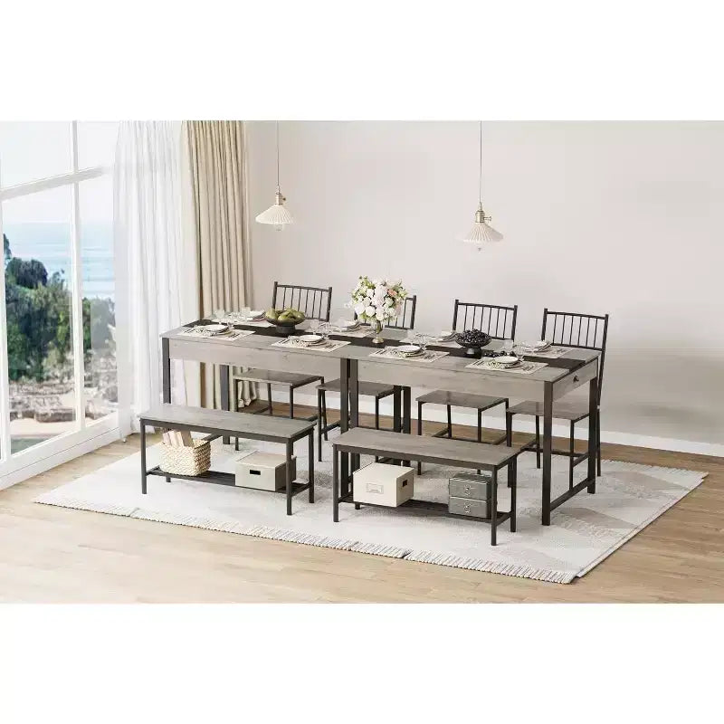 Set da pranzo di 4 pezzi per 4 persone, set da tavolo da cucina rettangolare con 2 sedie e 1 panca, cassetti a doppio lato per sala da pranzo, cucina, cortile