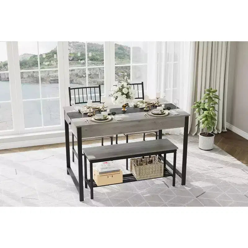 Set da pranzo di 4 pezzi per 4 persone, set da tavolo da cucina rettangolare con 2 sedie e 1 panca, cassetti a doppio lato per sala da pranzo, cucina, cortile