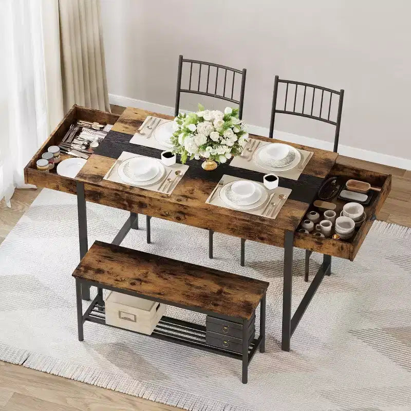 Set da pranzo di 4 pezzi per 4 persone, set da tavolo da cucina rettangolare con 2 sedie e 1 panca, cassetti a doppio lato per sala da pranzo, cucina, cortile