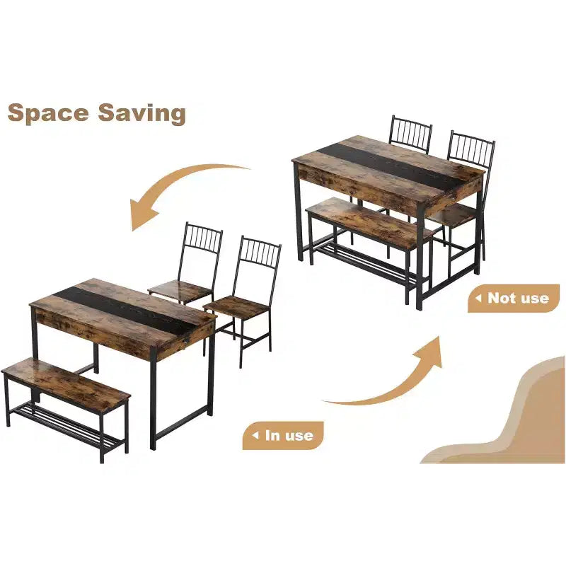 Set da pranzo di 4 pezzi per 4 persone, set da tavolo da cucina rettangolare con 2 sedie e 1 panca, cassetti a doppio lato per sala da pranzo, cucina, cortile