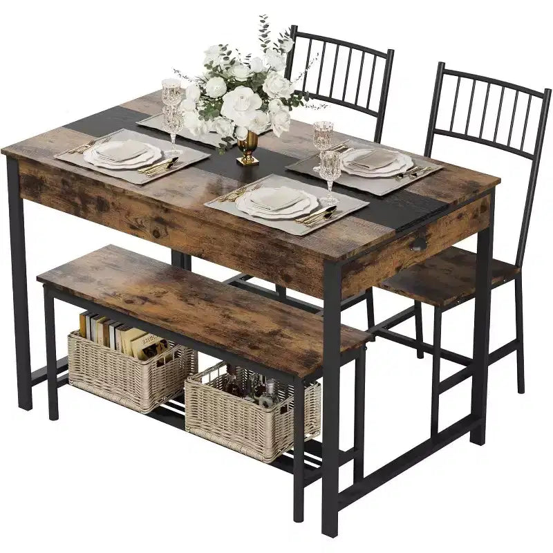 Set da pranzo di 4 pezzi per 4 persone, set da tavolo da cucina rettangolare con 2 sedie e 1 panca, cassetti a doppio lato per sala da pranzo, cucina, cortile