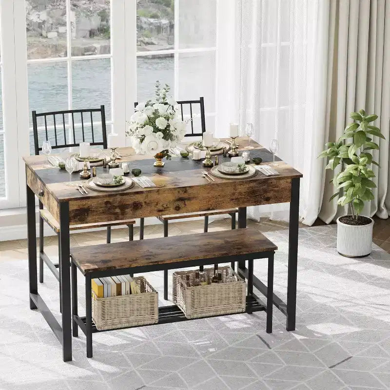 Set da pranzo di 4 pezzi per 4 persone, set da tavolo da cucina rettangolare con 2 sedie e 1 panca, cassetti a doppio lato per sala da pranzo, cucina, cortile