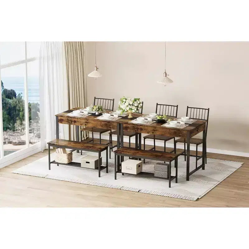 Set da pranzo di 4 pezzi per 4 persone, set da tavolo da cucina rettangolare con 2 sedie e 1 panca, cassetti a doppio lato per sala da pranzo, cucina, cortile