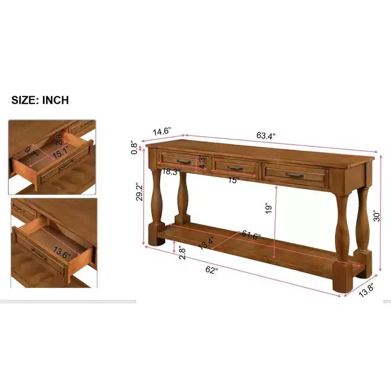 Tavolo Consolle in Legno da 63 Pollici, Tavolo da Divano da Corridoio con Struttura in Legno Massello e 3 Cassetti per Ingresso Salotto