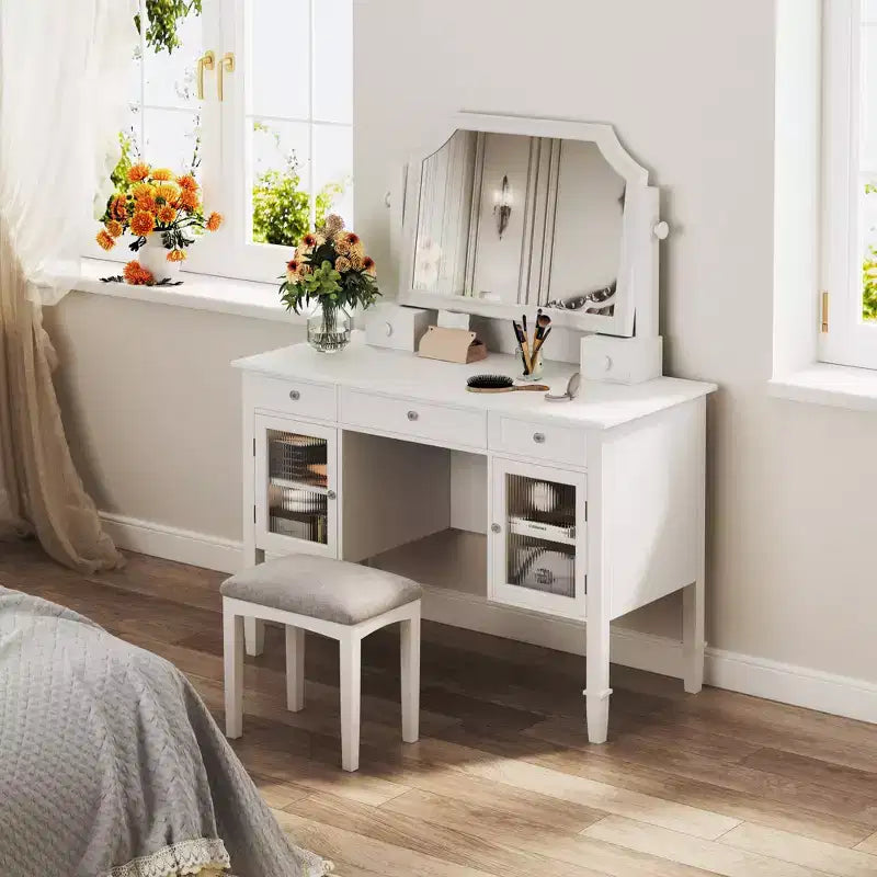 GDFStudio Teuvo Set da Toeletta, Grande Tavolino da Trucco con Specchio Girevole, Sgabello, Mobiletto e 5 Cassetti