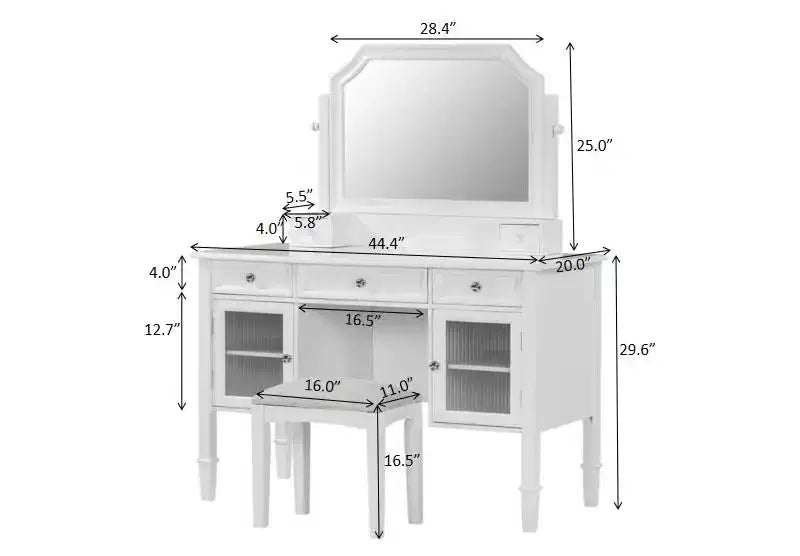 GDFStudio Teuvo Set da Toeletta, Grande Tavolino da Trucco con Specchio Girevole, Sgabello, Mobiletto e 5 Cassetti