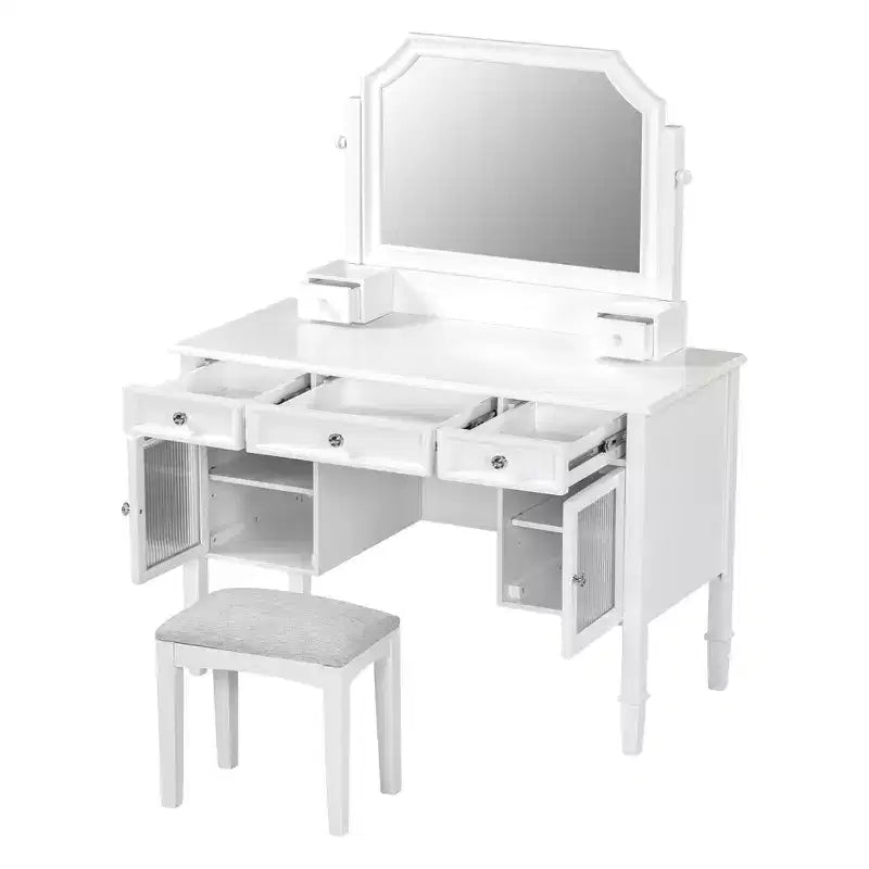 GDFStudio Teuvo Set da Toeletta, Grande Tavolino da Trucco con Specchio Girevole, Sgabello, Mobiletto e 5 Cassetti