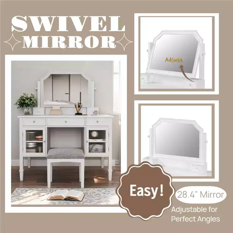 GDFStudio Teuvo Set da Toeletta, Grande Tavolino da Trucco con Specchio Girevole, Sgabello, Mobiletto e 5 Cassetti
