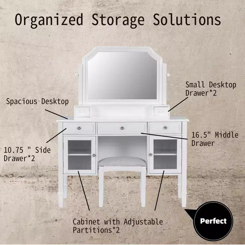 GDFStudio Teuvo Set da Toeletta, Grande Tavolino da Trucco con Specchio Girevole, Sgabello, Mobiletto e 5 Cassetti
