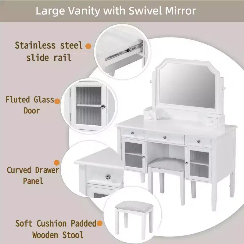 GDFStudio Teuvo Set da Toeletta, Grande Tavolino da Trucco con Specchio Girevole, Sgabello, Mobiletto e 5 Cassetti