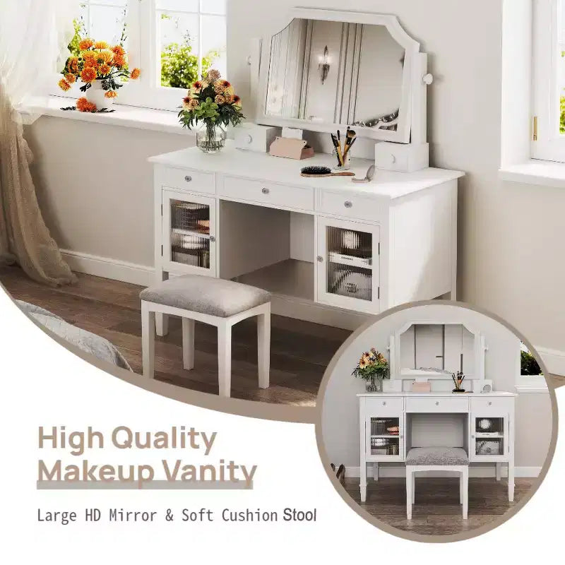 GDFStudio Teuvo Set da Toeletta, Grande Tavolino da Trucco con Specchio Girevole, Sgabello, Mobiletto e 5 Cassetti