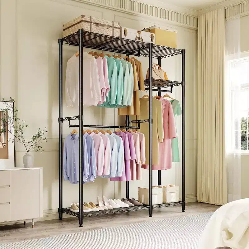 Appendiabiti resistente da 320 kg, organizer portatile per armadio con ripiani regolabili e asta appendiabiti, nero