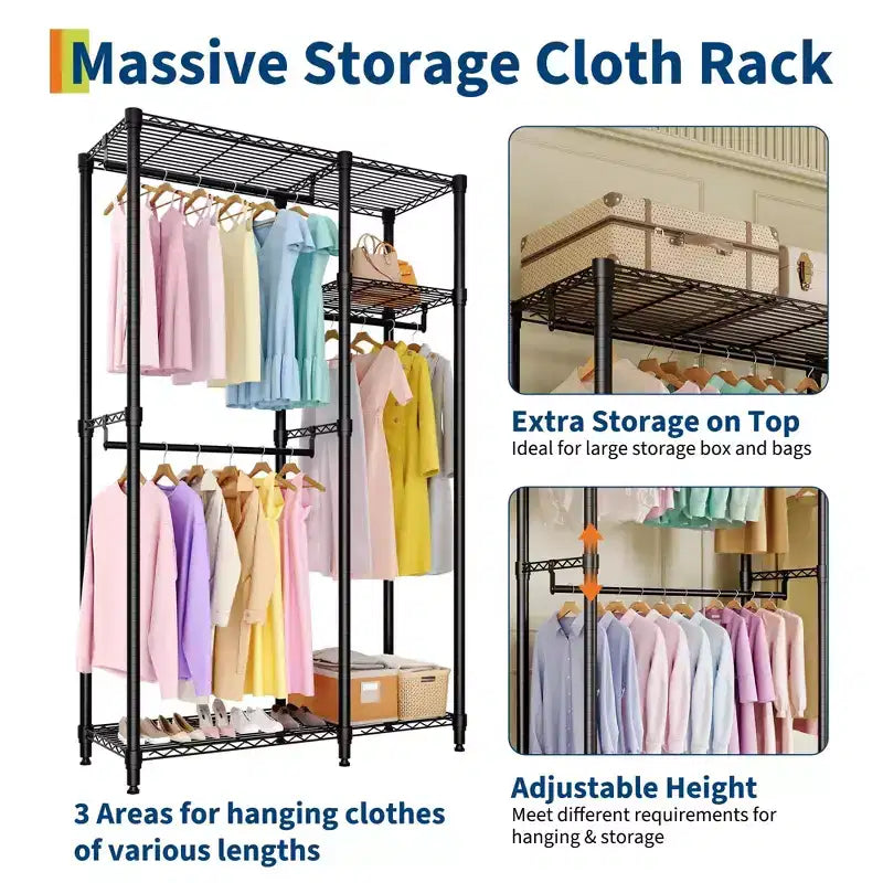 Appendiabiti resistente da 320 kg, organizer portatile per armadio con ripiani regolabili e asta appendiabiti, nero