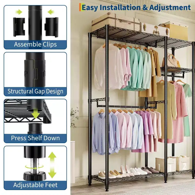 Appendiabiti resistente da 320 kg, organizer portatile per armadio con ripiani regolabili e asta appendiabiti, nero