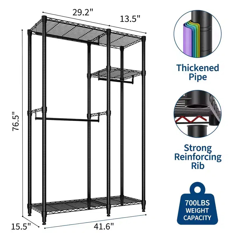 Appendiabiti resistente da 320 kg, organizer portatile per armadio con ripiani regolabili e asta appendiabiti, nero