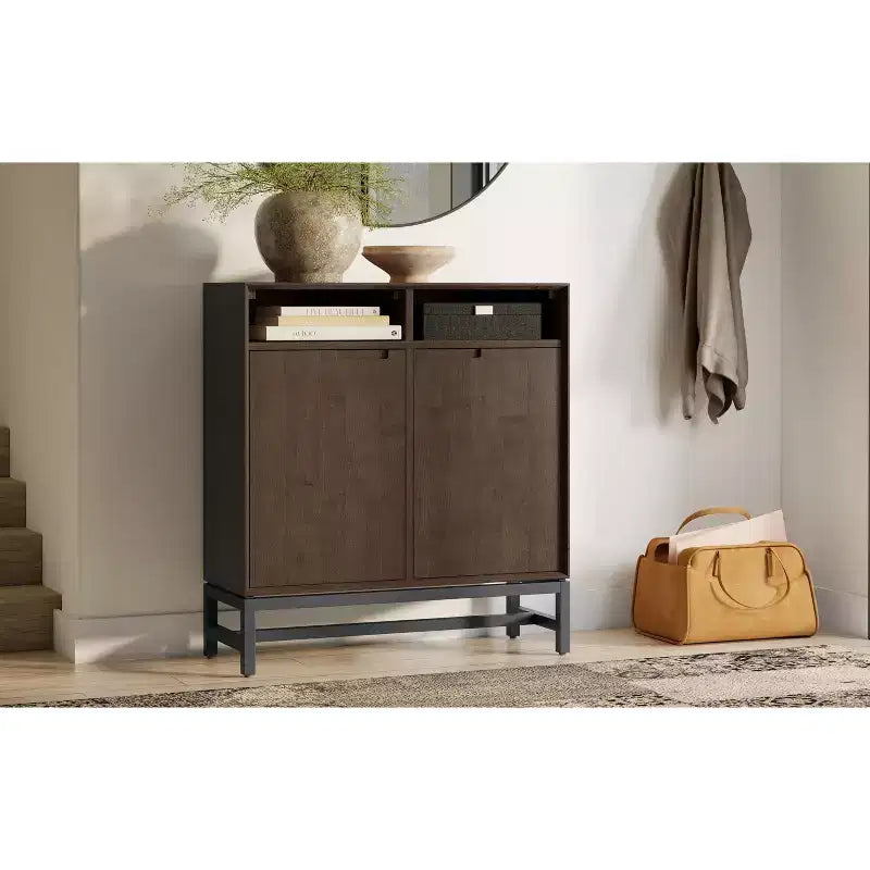 Mobile contenitore ingresso industriale moderno Devlin in LEGNO DURO MASSICCIO largo 91 cm