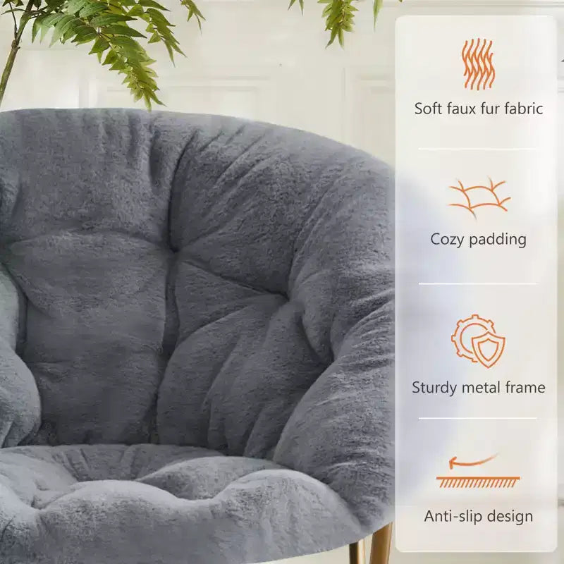 Poltrona moderna comoda in finta pelliccia Okak con struttura in metallo, poltrona a uovo dal design pieghevole, poltrona con braccioli per soggiorno, camera da letto, ufficio