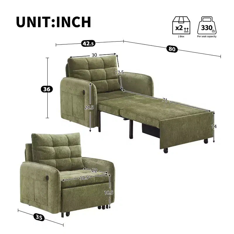 GDFStudio Baird Divano-Letto Convertibile Moderno in Ciniglia a 3 Funzioni con Letto Singolo Estraibile, Porte di Ricarica USB e Tasche Portaoggetti, 80"
