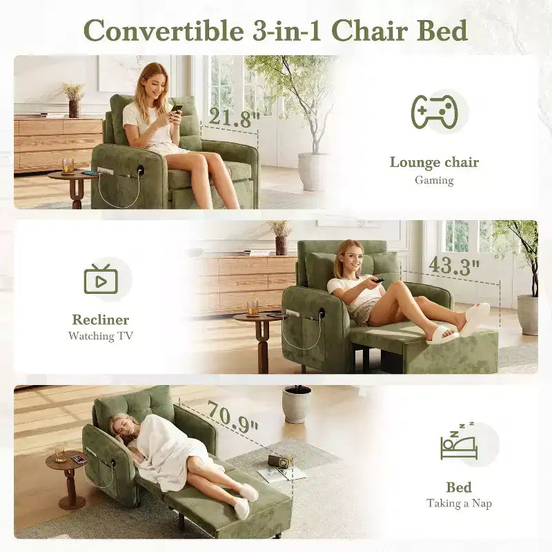GDFStudio Baird Divano-Letto Convertibile Moderno in Ciniglia a 3 Funzioni con Letto Singolo Estraibile, Porte di Ricarica USB e Tasche Portaoggetti, 80"