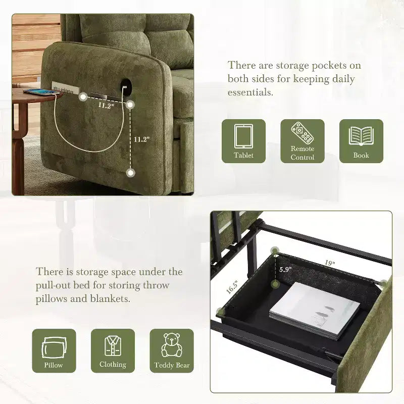 GDFStudio Baird Divano-Letto Convertibile Moderno in Ciniglia a 3 Funzioni con Letto Singolo Estraibile, Porte di Ricarica USB e Tasche Portaoggetti, 80"