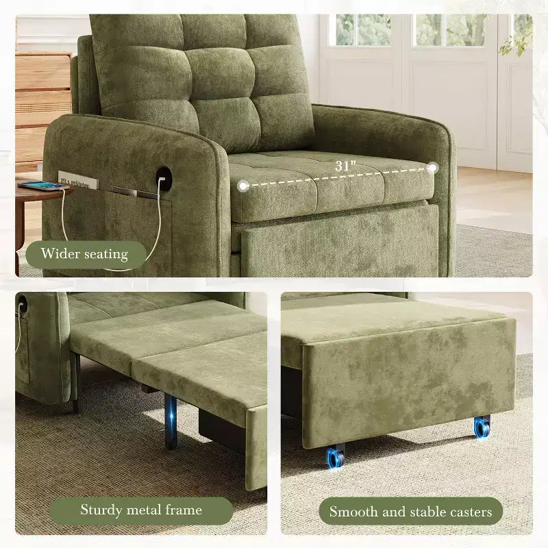 GDFStudio Baird Divano-Letto Convertibile Moderno in Ciniglia a 3 Funzioni con Letto Singolo Estraibile, Porte di Ricarica USB e Tasche Portaoggetti, 80"