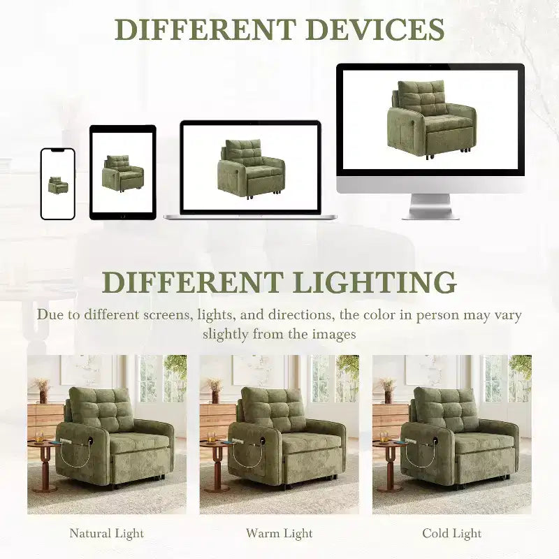GDFStudio Baird Divano-Letto Convertibile Moderno in Ciniglia a 3 Funzioni con Letto Singolo Estraibile, Porte di Ricarica USB e Tasche Portaoggetti, 80"