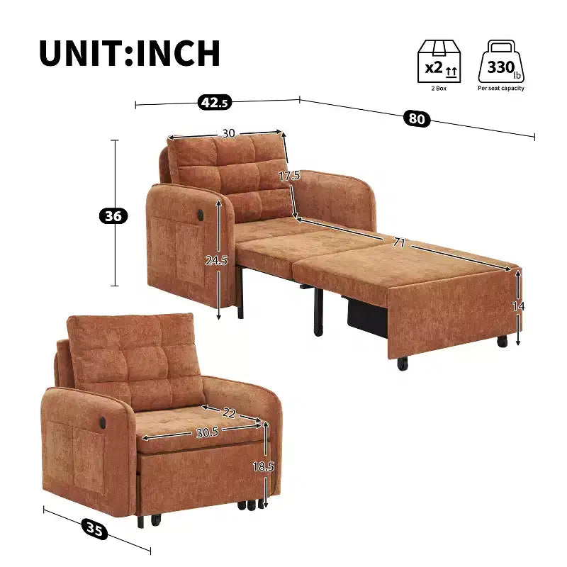 GDFStudio Baird Divano-Letto Convertibile Moderno in Ciniglia a 3 Funzioni con Letto Singolo Estraibile, Porte di Ricarica USB e Tasche Portaoggetti, 80"