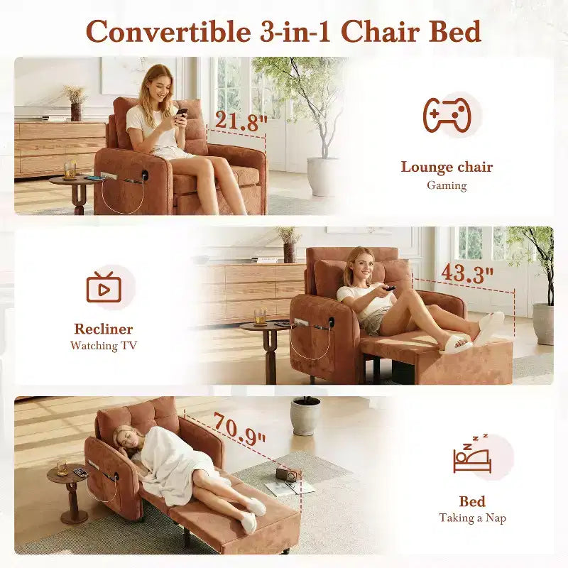 GDFStudio Baird Divano-Letto Convertibile Moderno in Ciniglia a 3 Funzioni con Letto Singolo Estraibile, Porte di Ricarica USB e Tasche Portaoggetti, 80"