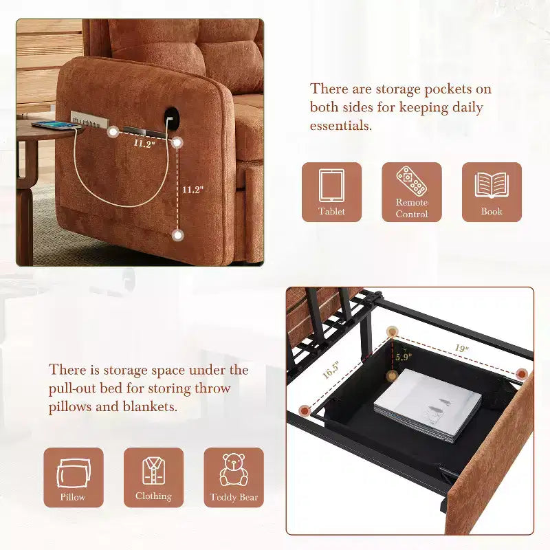 GDFStudio Baird Divano-Letto Convertibile Moderno in Ciniglia a 3 Funzioni con Letto Singolo Estraibile, Porte di Ricarica USB e Tasche Portaoggetti, 80"