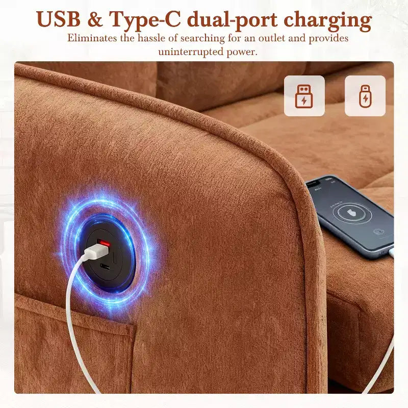 GDFStudio Baird Divano-Letto Convertibile Moderno in Ciniglia a 3 Funzioni con Letto Singolo Estraibile, Porte di Ricarica USB e Tasche Portaoggetti, 80"