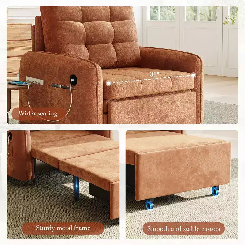 GDFStudio Baird Divano-Letto Convertibile Moderno in Ciniglia a 3 Funzioni con Letto Singolo Estraibile, Porte di Ricarica USB e Tasche Portaoggetti, 80"
