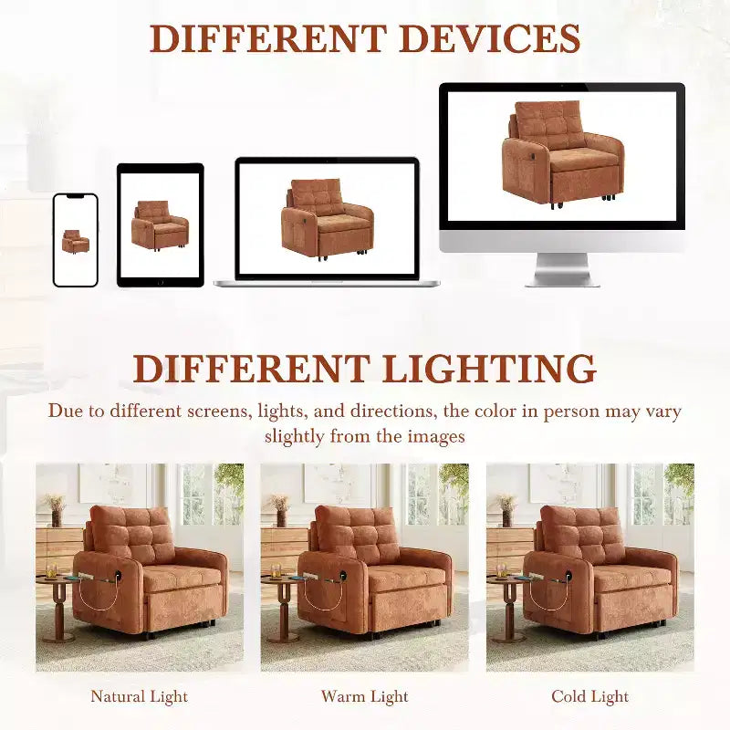 GDFStudio Baird Divano-Letto Convertibile Moderno in Ciniglia a 3 Funzioni con Letto Singolo Estraibile, Porte di Ricarica USB e Tasche Portaoggetti, 80"