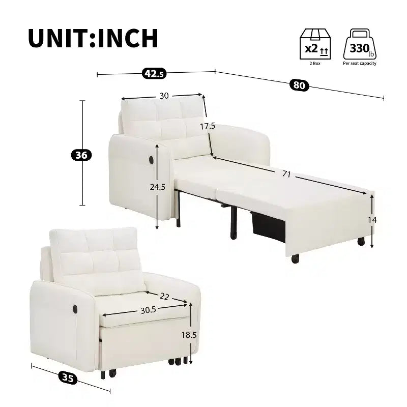 GDFStudio Baird Divano-Letto Convertibile Moderno in Ciniglia a 3 Funzioni con Letto Singolo Estraibile, Porte di Ricarica USB e Tasche Portaoggetti, 80"
